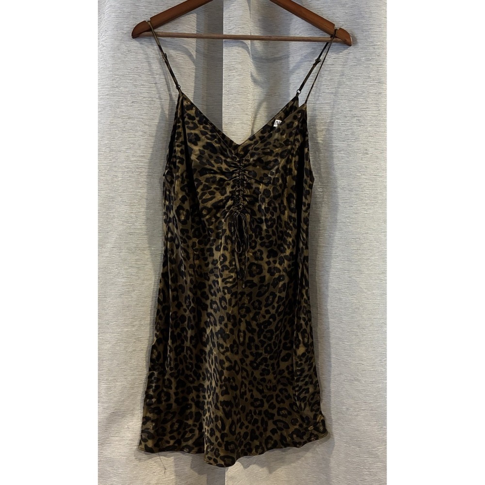 ZARA Leopard Animal Print Mini Slip Dress Adjustable Straps Womens Sz L Festival